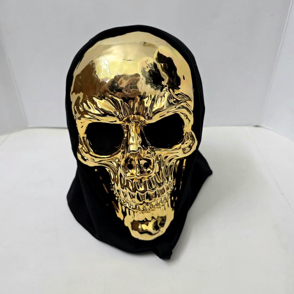 Gold Skull Mask Black Hood Metallic Skeleton Halloween Costume Horror Cosplay